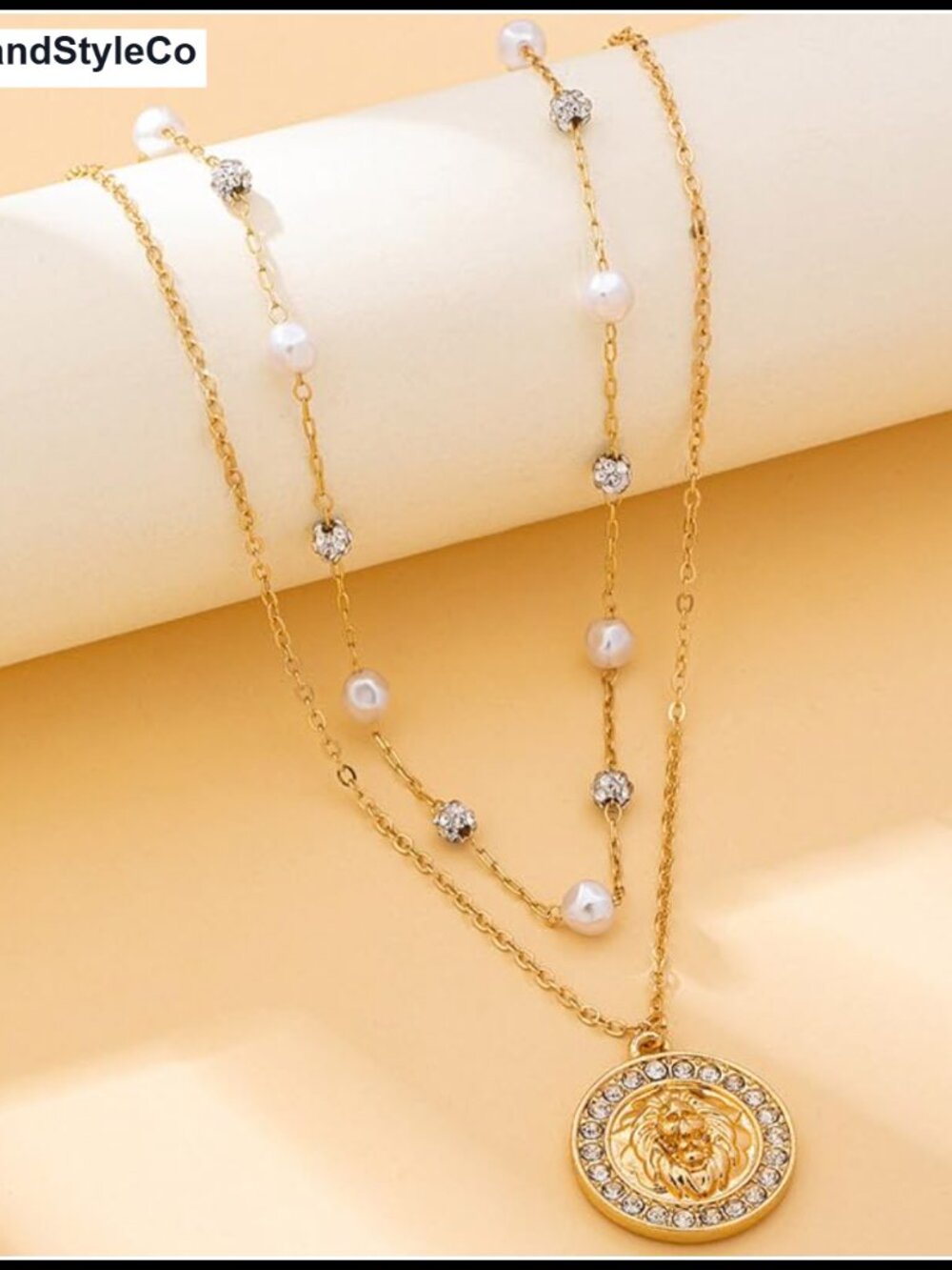 Layered Faux Pearl Rhinestone Lion Head Coin Pendant Necklace - Picture 5 of 5